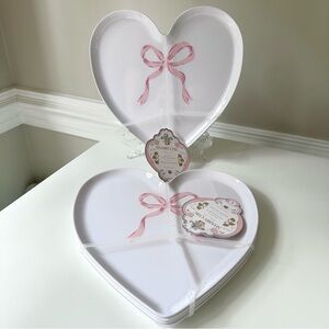 8 Shabby Chic Valentine Pink Bows Ribbons Heart Shaped Melamine Plates 2 Sets